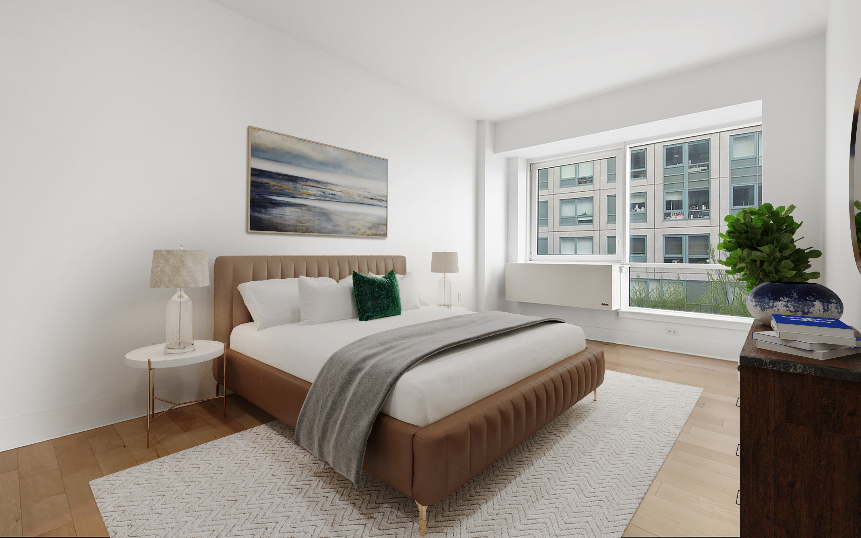 440 Kent Avenue, Unit 4A Brooklyn, NY 11249 - Photo 4 of 11 a spacious bedroom with a bed a bookshelf a potted plant and a large window
