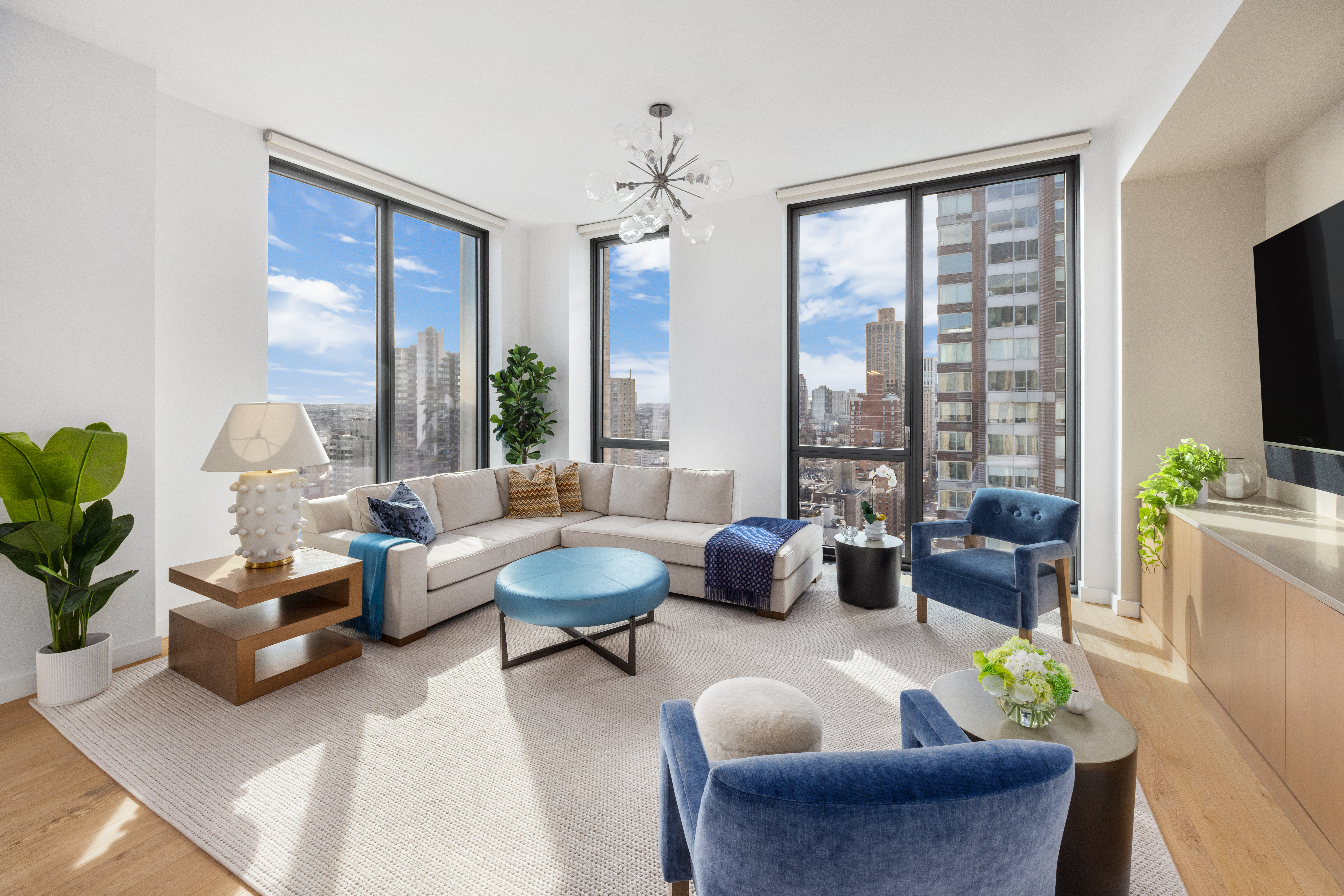 360 East 89th Street, Unit 29B Manhattan, NY 10128 - Photo 3 of 22 a living room with furniture and a flat screen tv