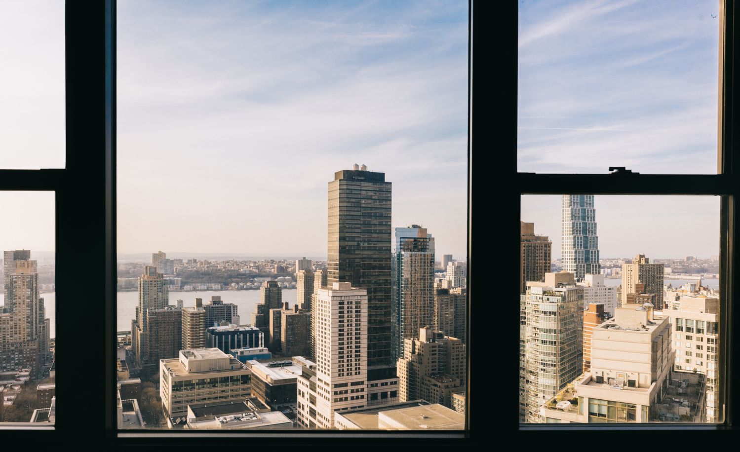 a city view with tall buildings