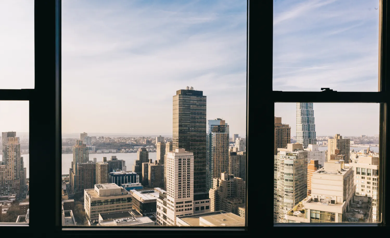 a city view with tall buildings