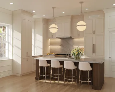 a kitchen with a dining table chairs and white cabinets