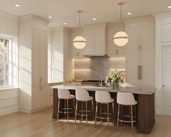 a kitchen with a dining table chairs and white cabinets