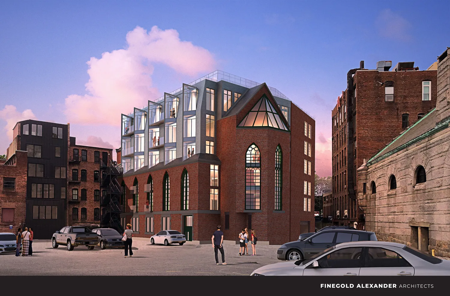 a city street lined with tall buildings