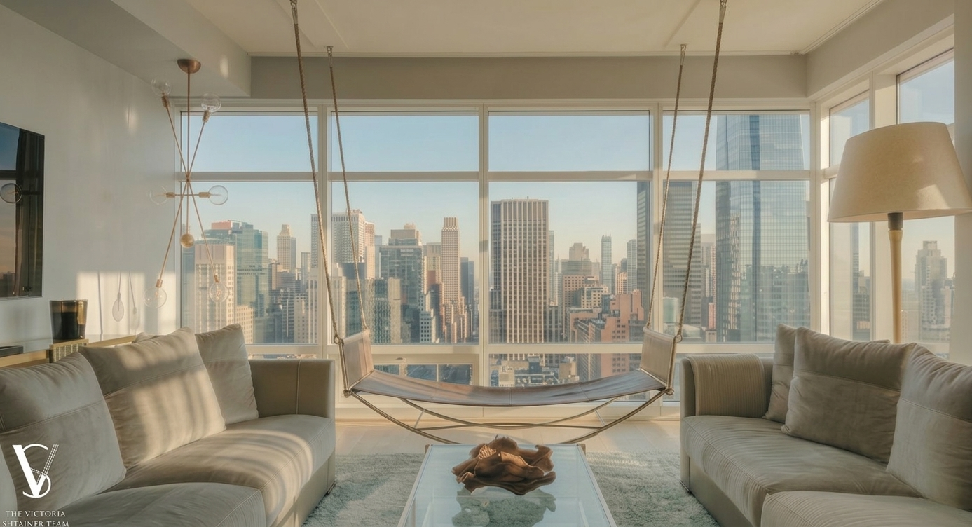 a living room with furniture and a large window