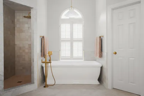 a bathroom with a bathtub and shower