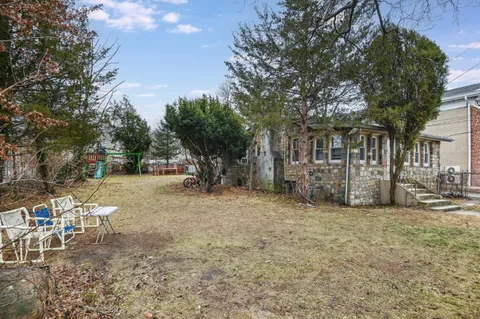 a view of a yard with plants and trees