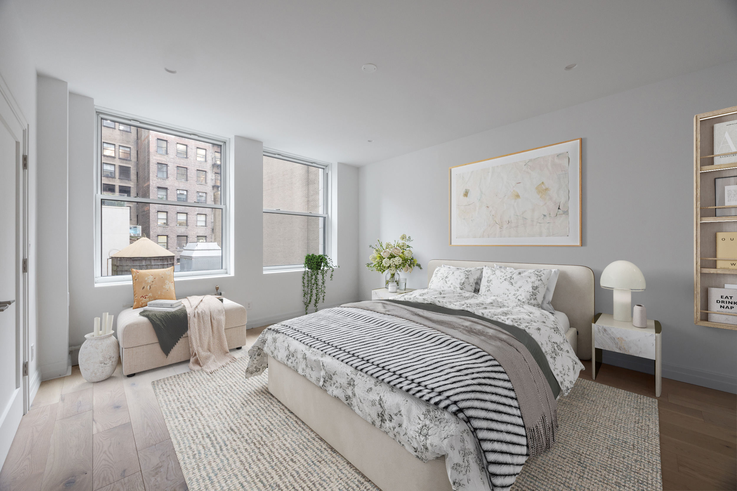 55 Liberty Street, Unit 12C Manhattan, NY 10005 - Photo 5 of 9 a bedroom with a large bed and a large window