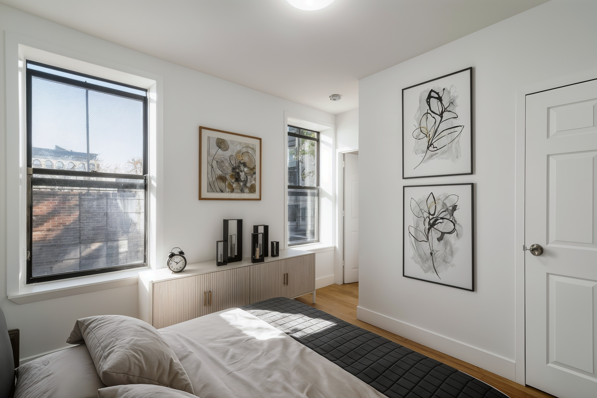 a bedroom with a large bed and glass window