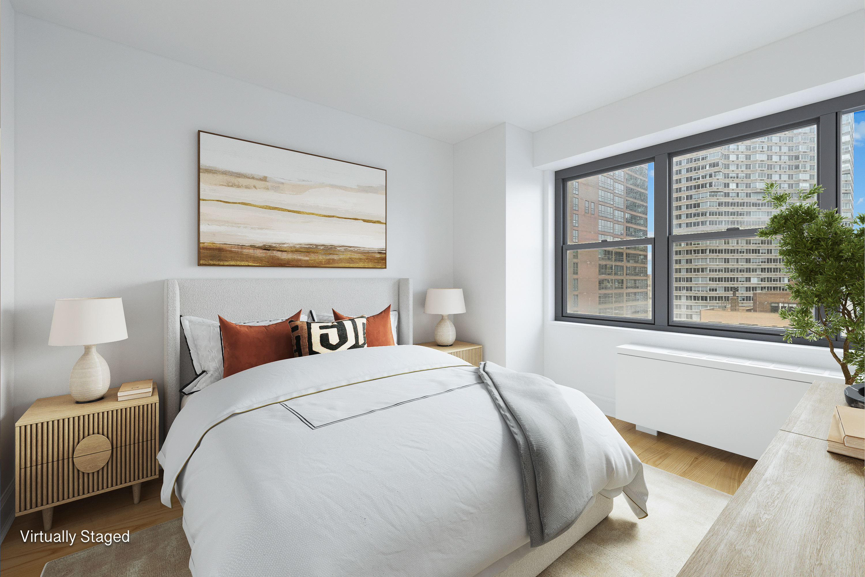 400 East 56th Street, Unit 19O Manhattan, NY 10022 - Photo 6 of 20 a bedroom with a bed and a large window
