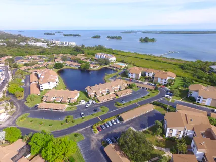 a view of a lake with houses