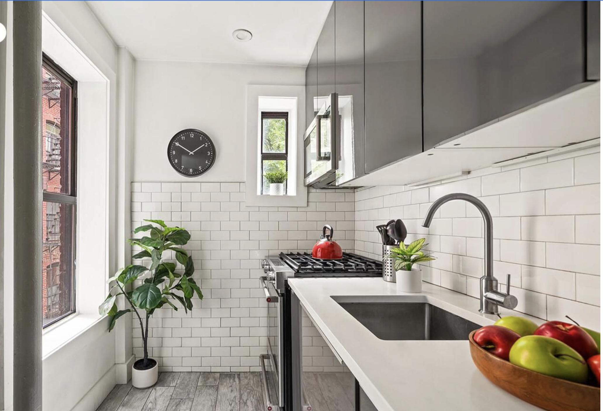 a kitchen with a table and a potted plant