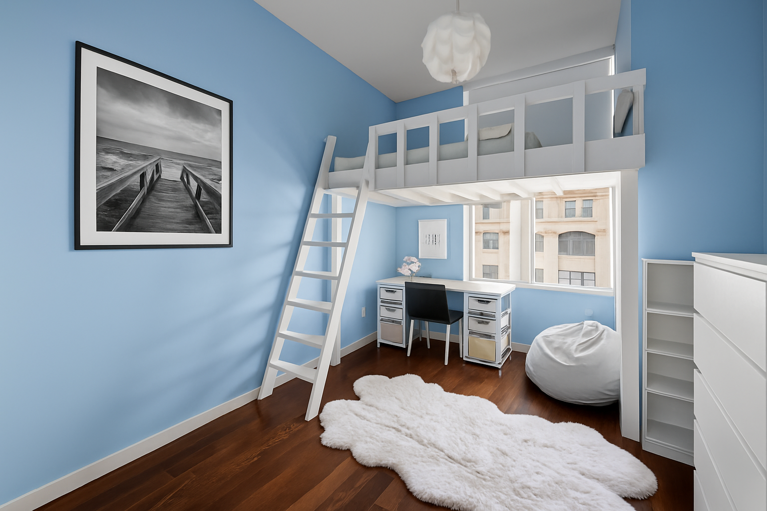 475 Greenwich Street, Unit 5B Manhattan, NY 10013 - Photo 8 of 16 a bedroom with wooden floor and a large window