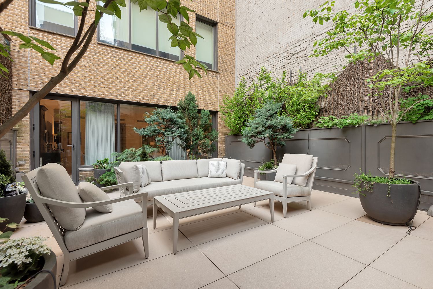 a building outdoor space with patio furniture