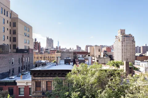 a city view with tall buildings