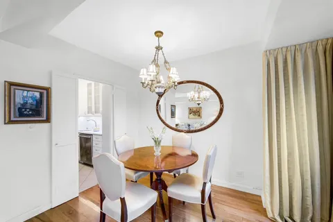 a dining room with furniture a potted plant and wooden floor