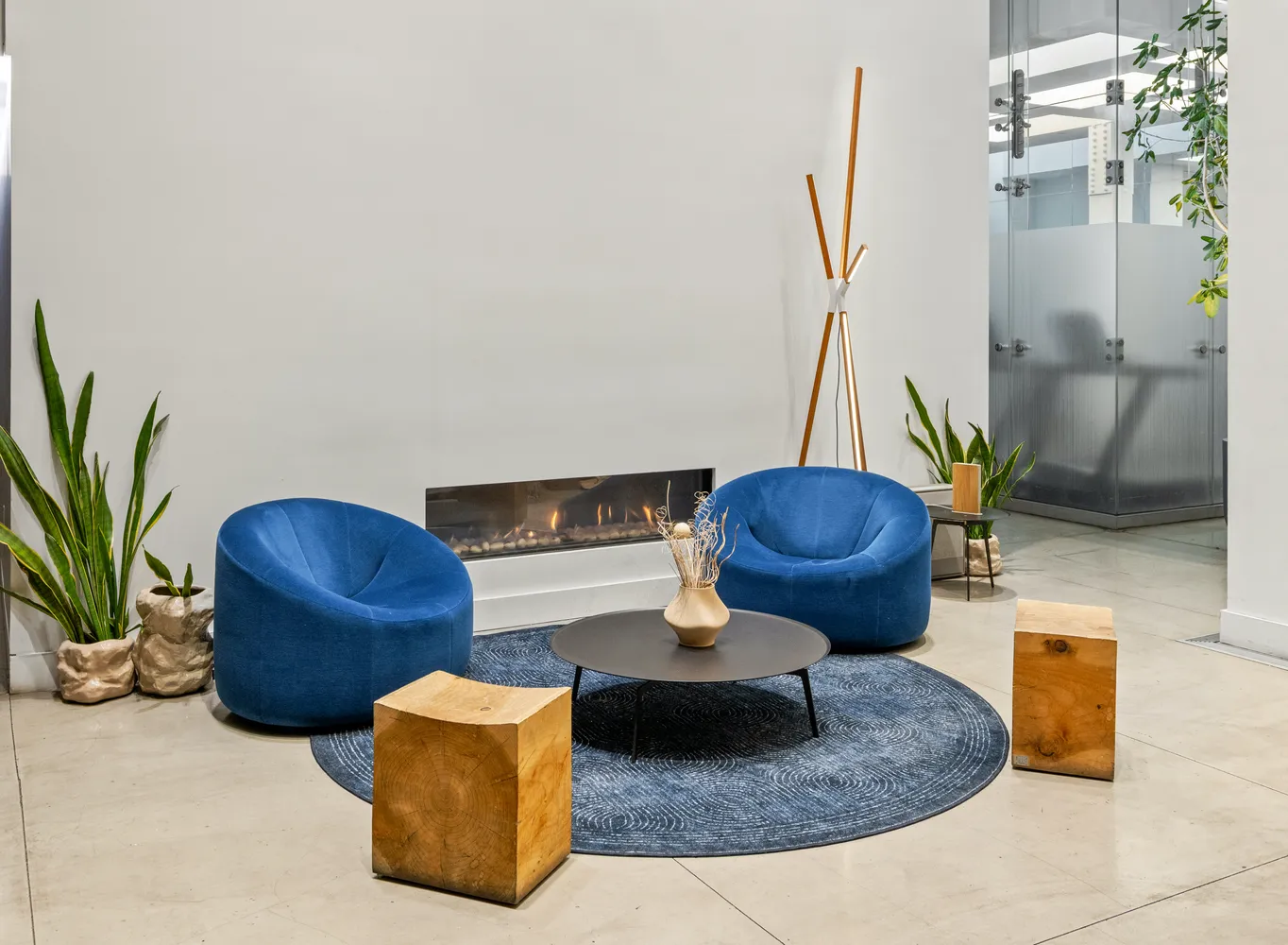a living room with furniture and a potted plant
