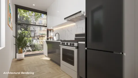 a kitchen with stainless steel appliances a refrigerator and a sink