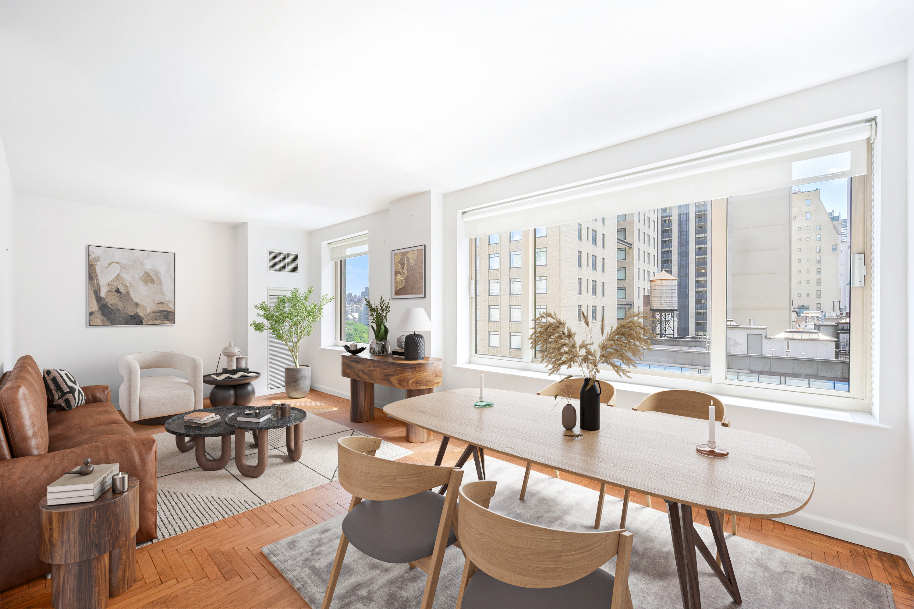 a dining room with furniture a large window and a chandelier