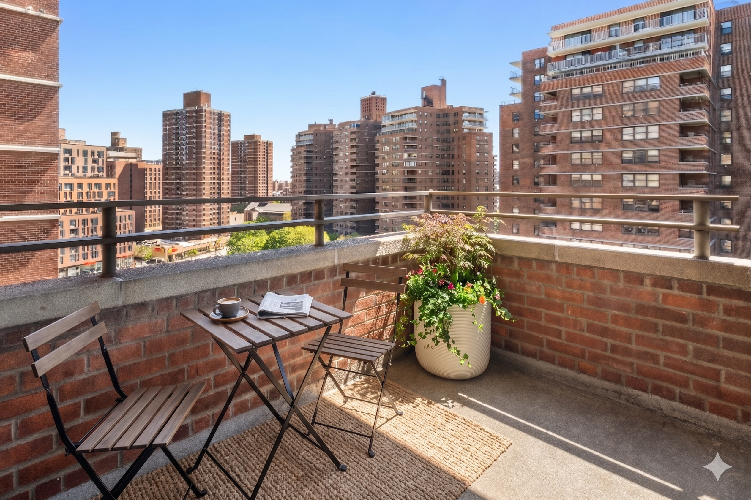 383 Grand Street, Unit M1304 Manhattan, NY 10002 - Photo 4 of 9 a view of a balcony with two chairs and a potted plant