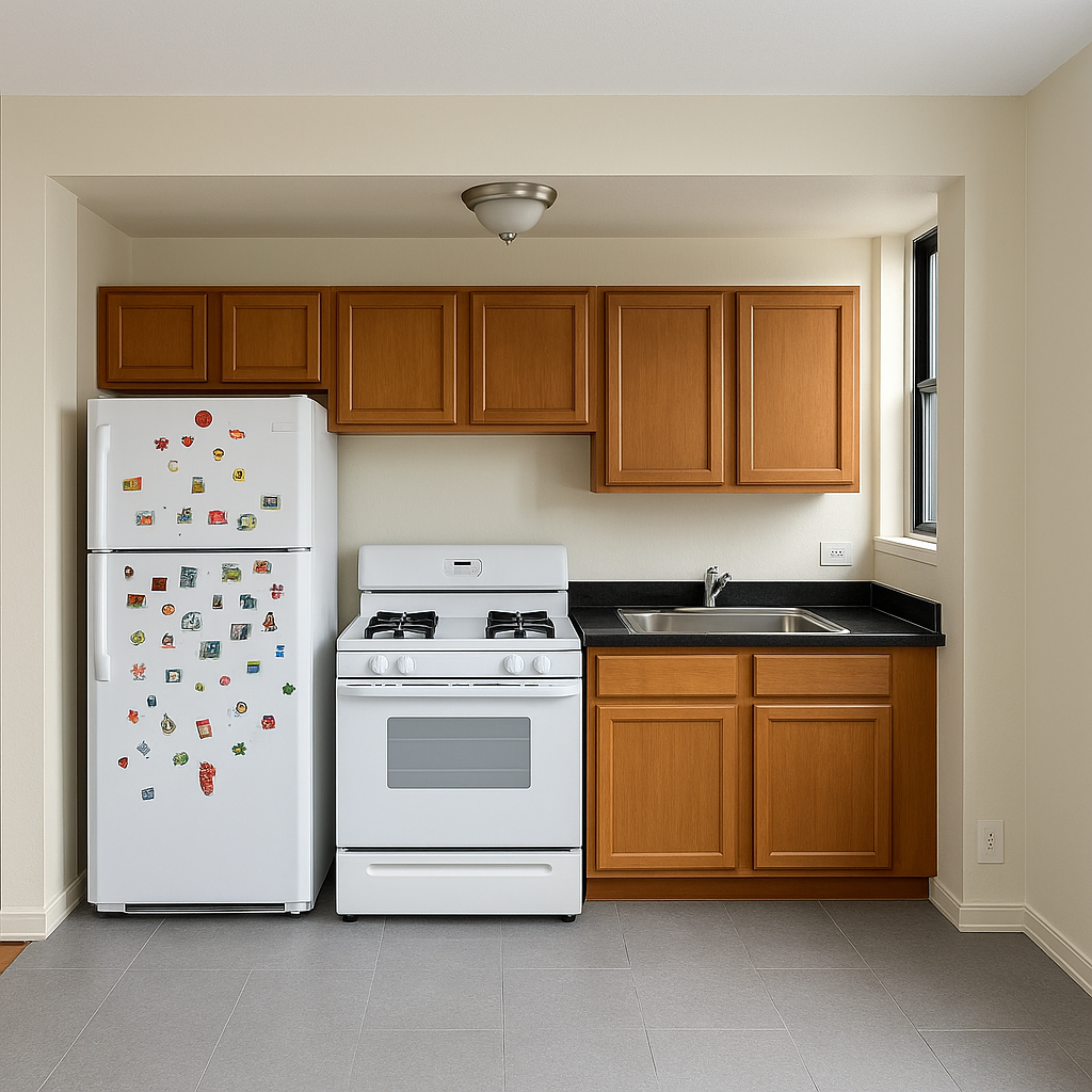 a kitchen with stainless steel appliances granite countertop a refrigerator and a stove