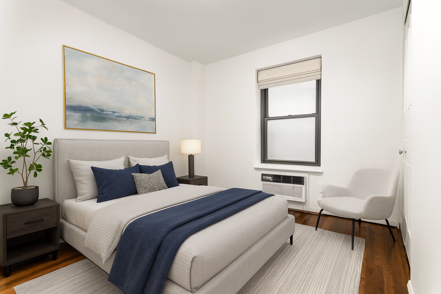 160 East 91st Street, Unit 7N Manhattan, NY 10128 - Photo 9 of 13 a bedroom with a bed and a painting on the wall