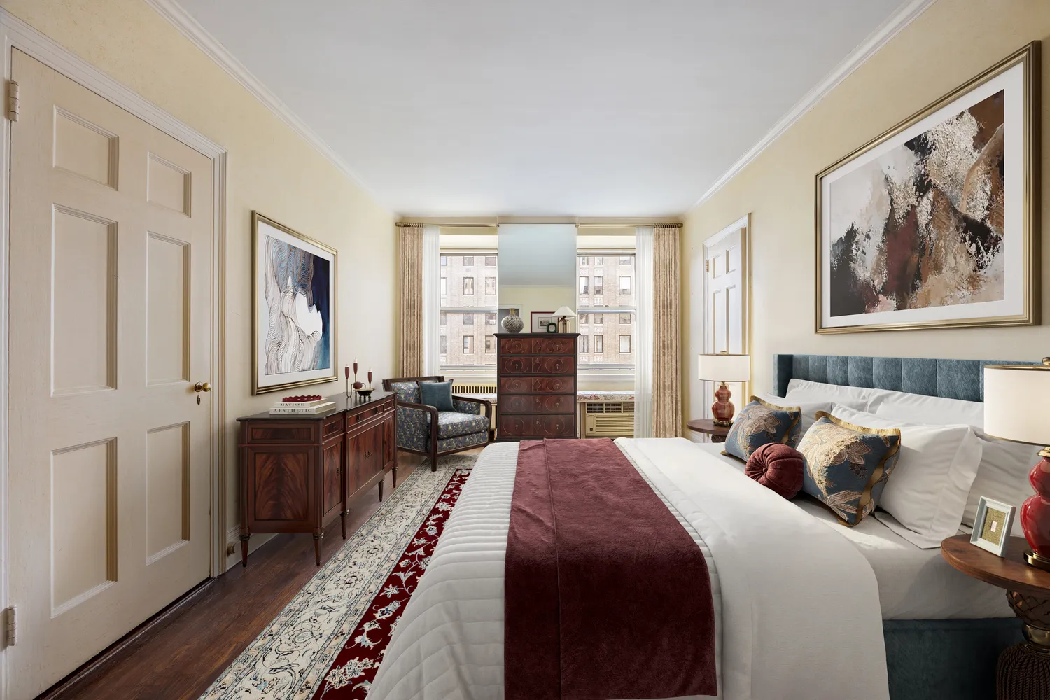 a bedroom with bed and wooden floor