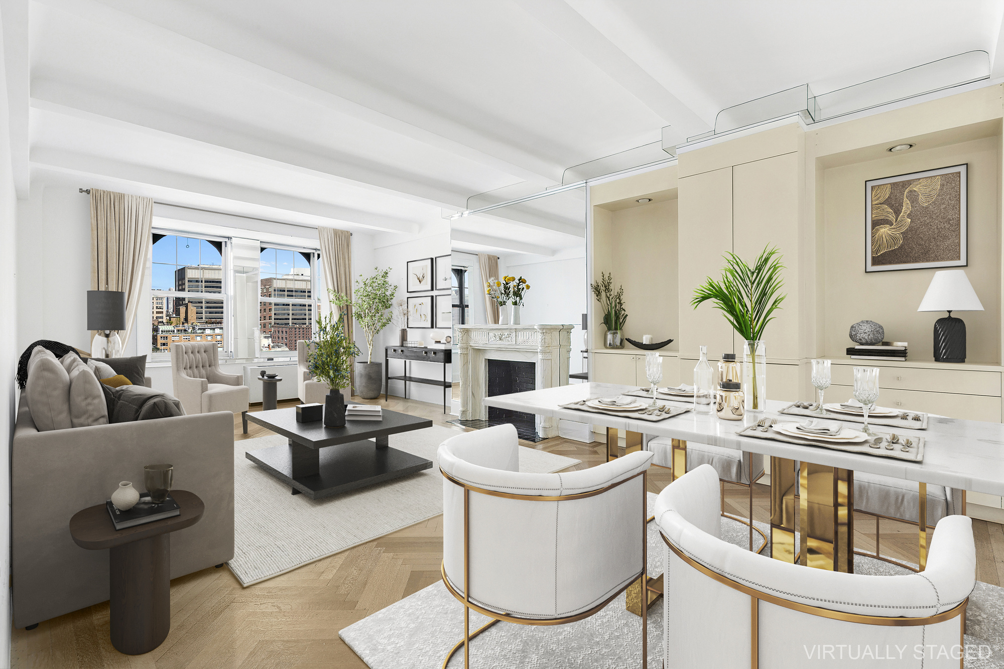 575 Park Avenue, Unit 1403 Manhattan, NY 10065 - Photo 1 of 15 a living room with fireplace furniture and a potted plant