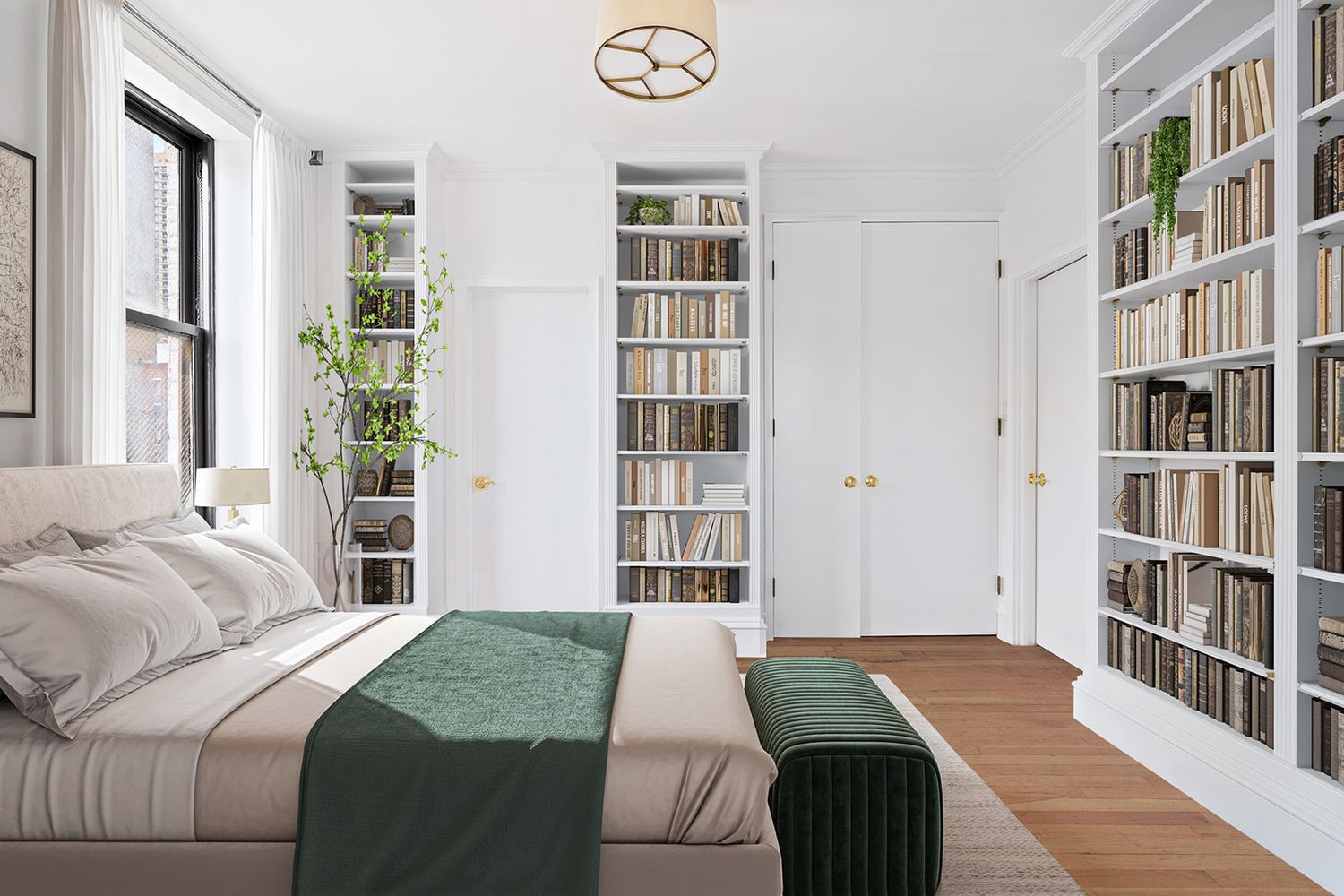 a bedroom with a bed a table and a large window