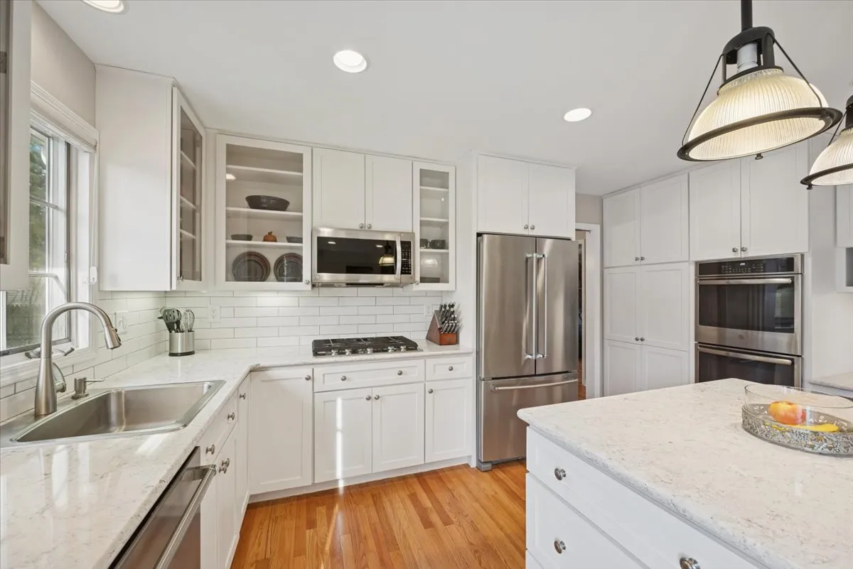a view of a dining room with furniture