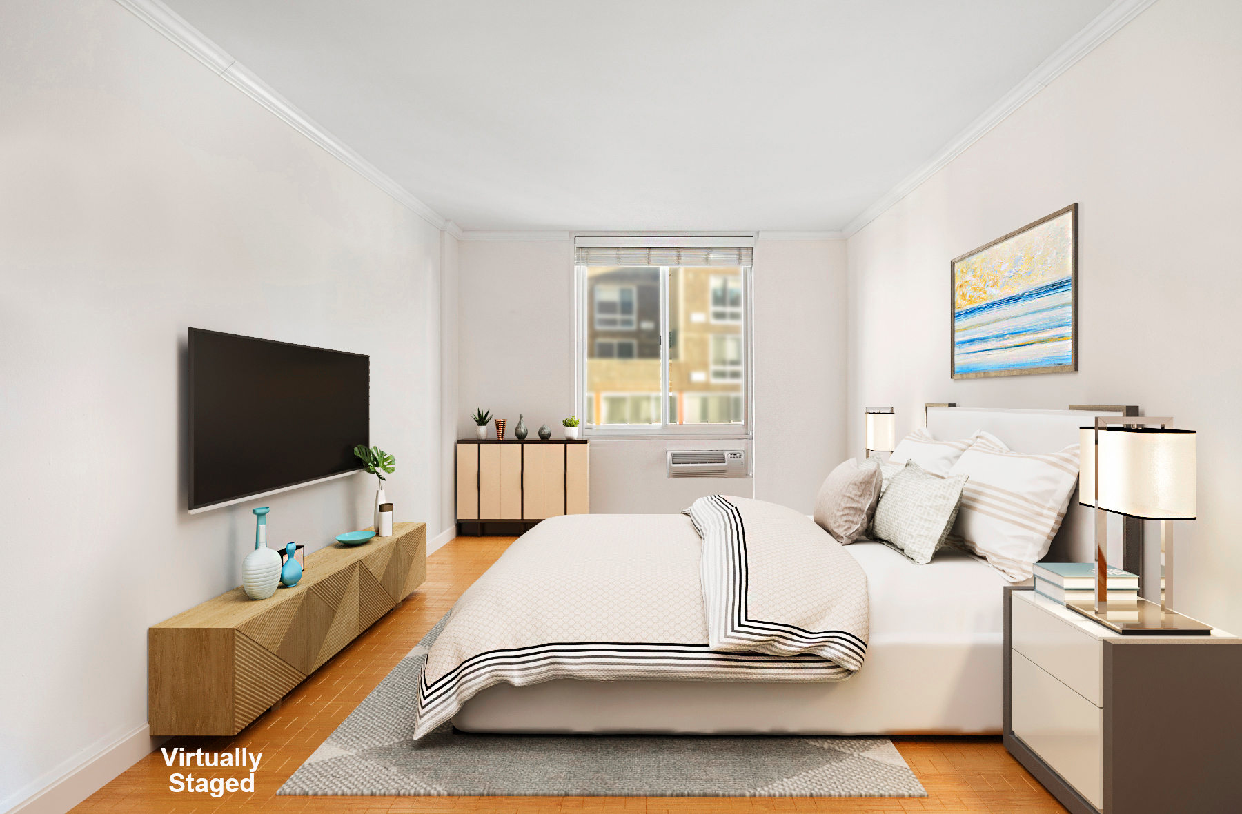 555 Main Street, Unit 1114 Manhattan, NY 10044 - Photo 4 of 9 a living room with a couch and a flat screen tv