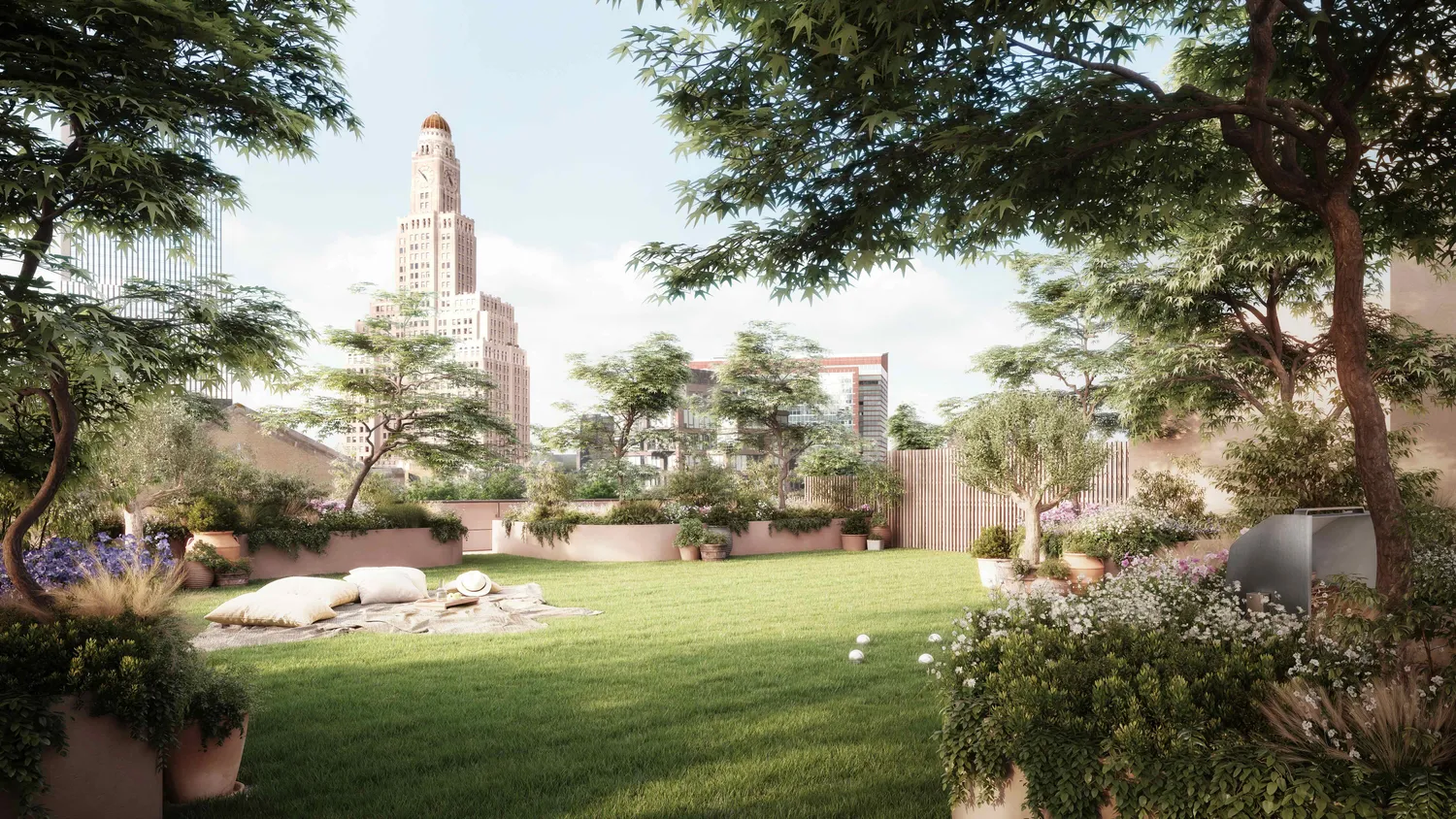 a view of a city with tall trees