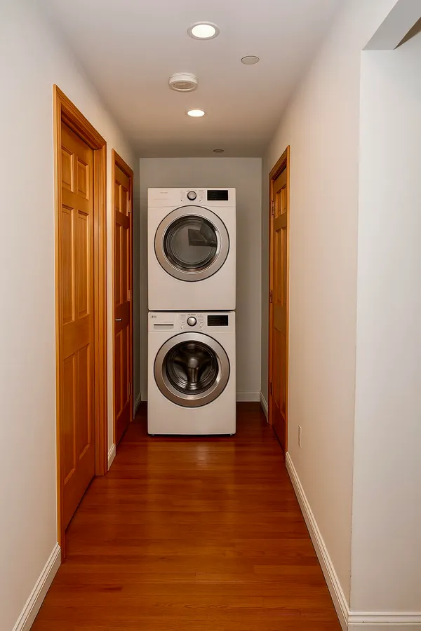 a view of a hallway with washer and dryer