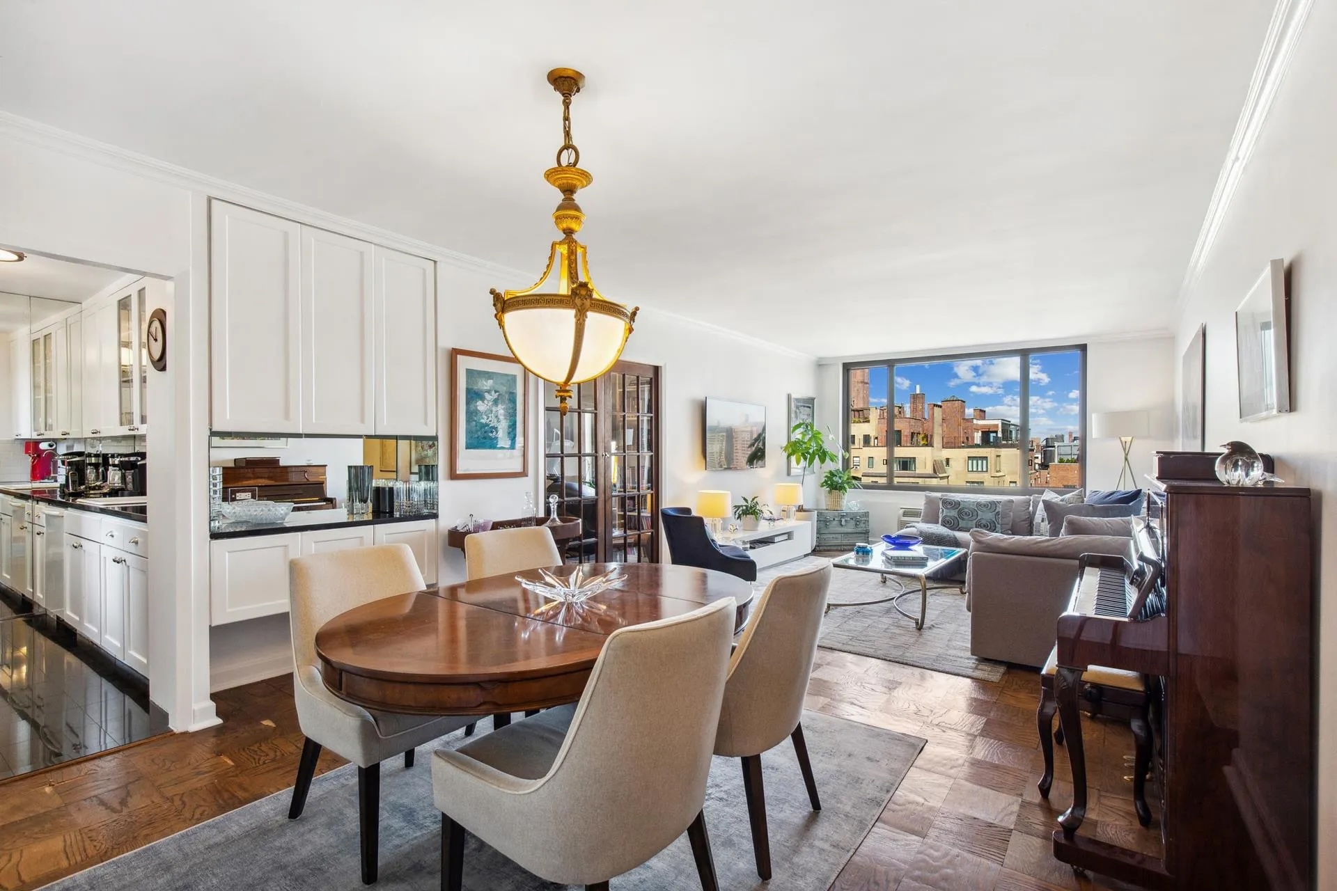 a view of a dining room with furniture