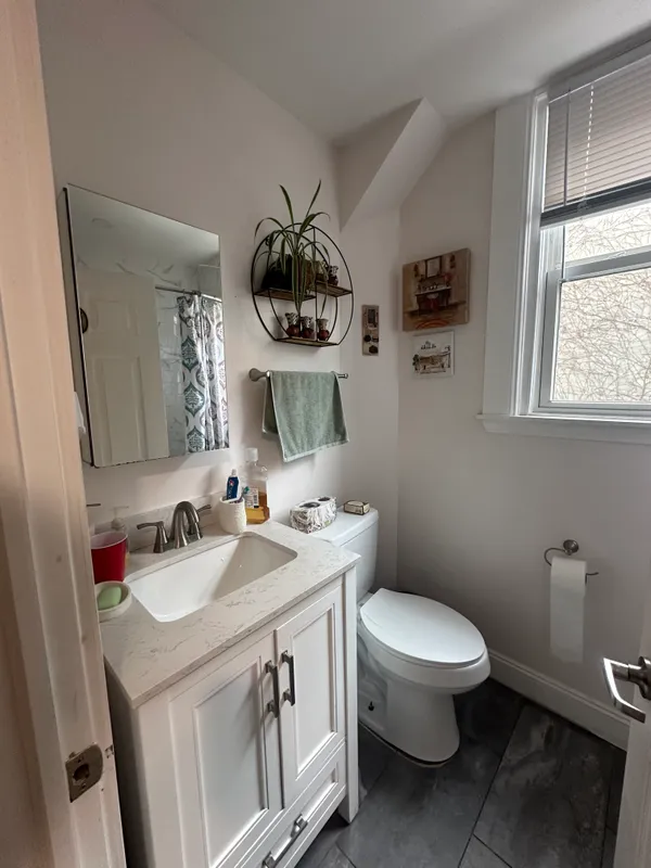 a bathroom with a sink a toilet and a mirror