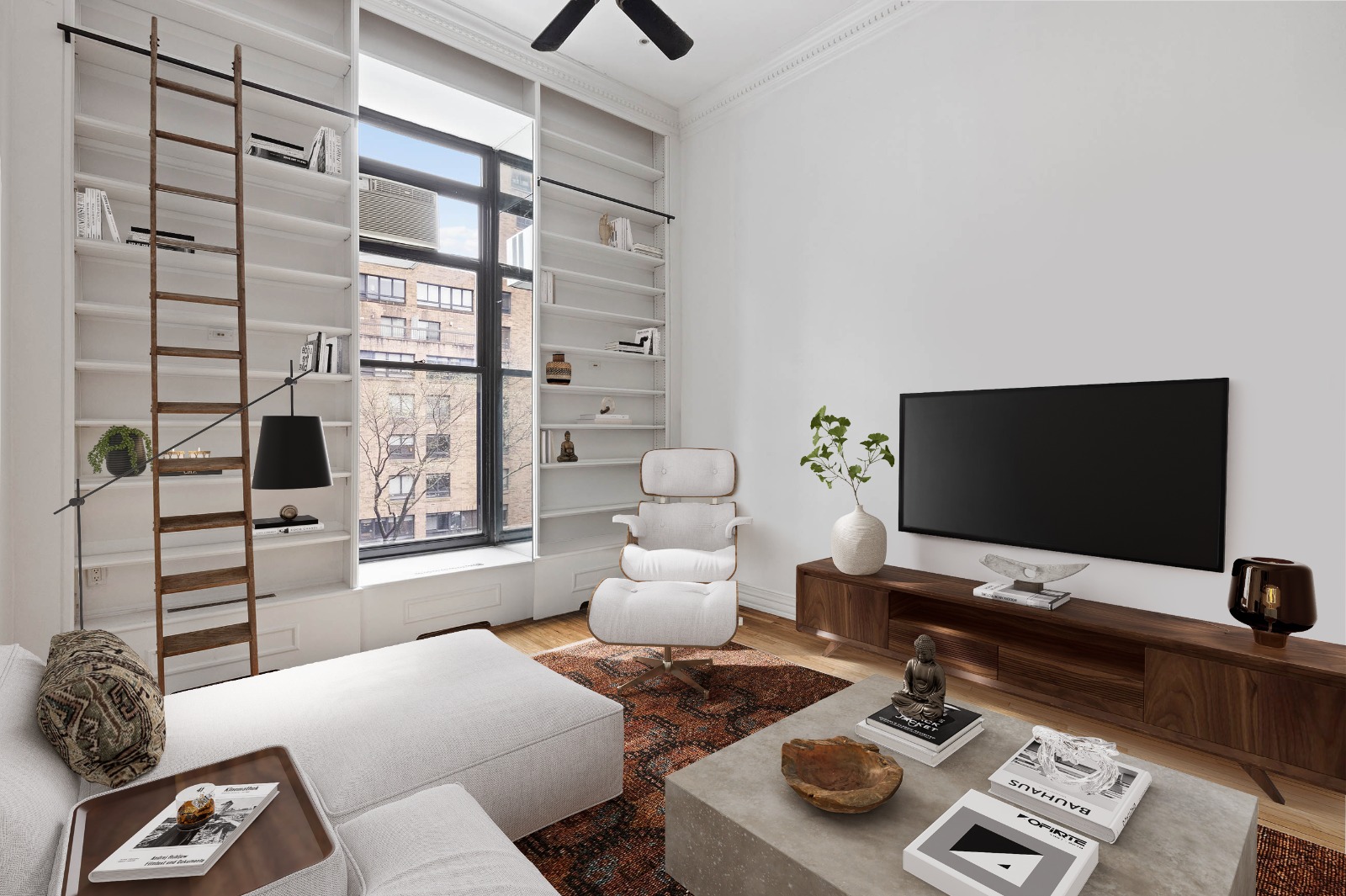250 Mercer Street, Unit C308 Manhattan, NY 10012 - Photo 1 of 7 a living room with furniture a flat screen tv and a floor to ceiling window