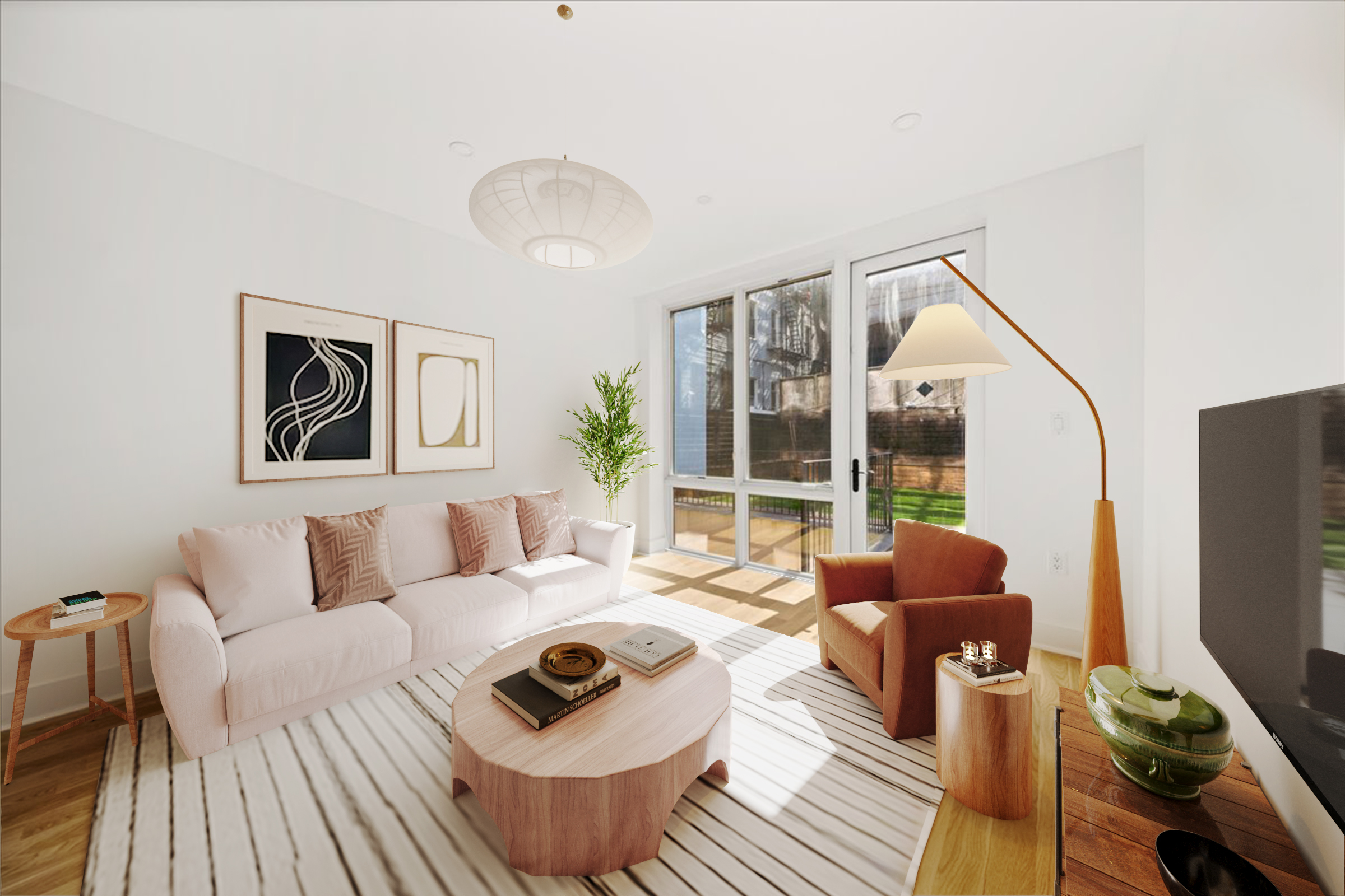 40 Schaefer Street, Unit 1B Brooklyn, NY 11207 - Photo 1 of 10 a living room with furniture a flat screen tv and a large window