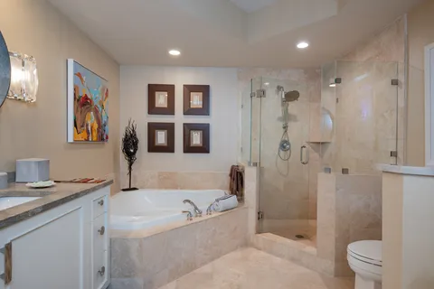 a bathroom with a granite countertop sink a toilet and shower