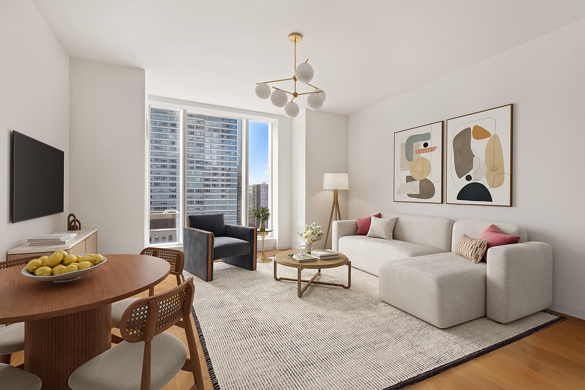 1 West End Avenue, Unit 14G Manhattan, NY 10023 - Photo 1 of 27 a living room with furniture and a flat screen tv