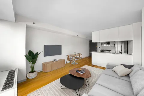 a living room with furniture kitchen view and a potted plant