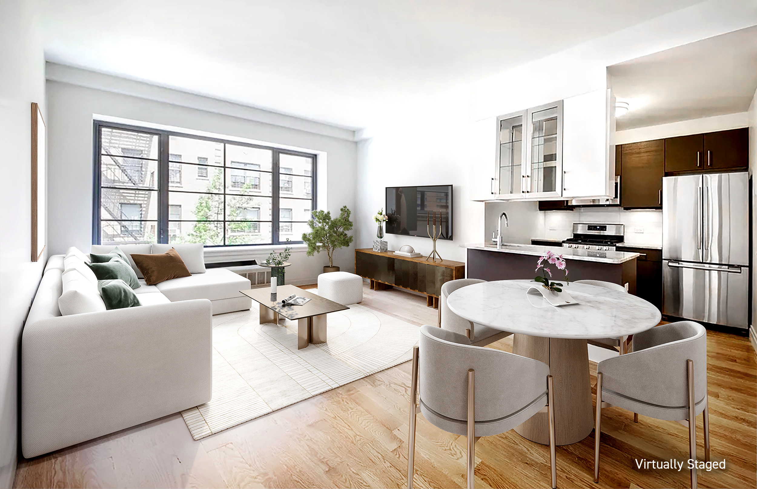 58 West 129th Street, Unit 5A Manhattan, NY 10027 - Photo 1 of 7 a living room with furniture a fireplace and a flat screen tv