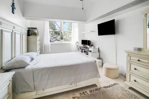 a bedroom with a bed and flat tv screen on the dresser