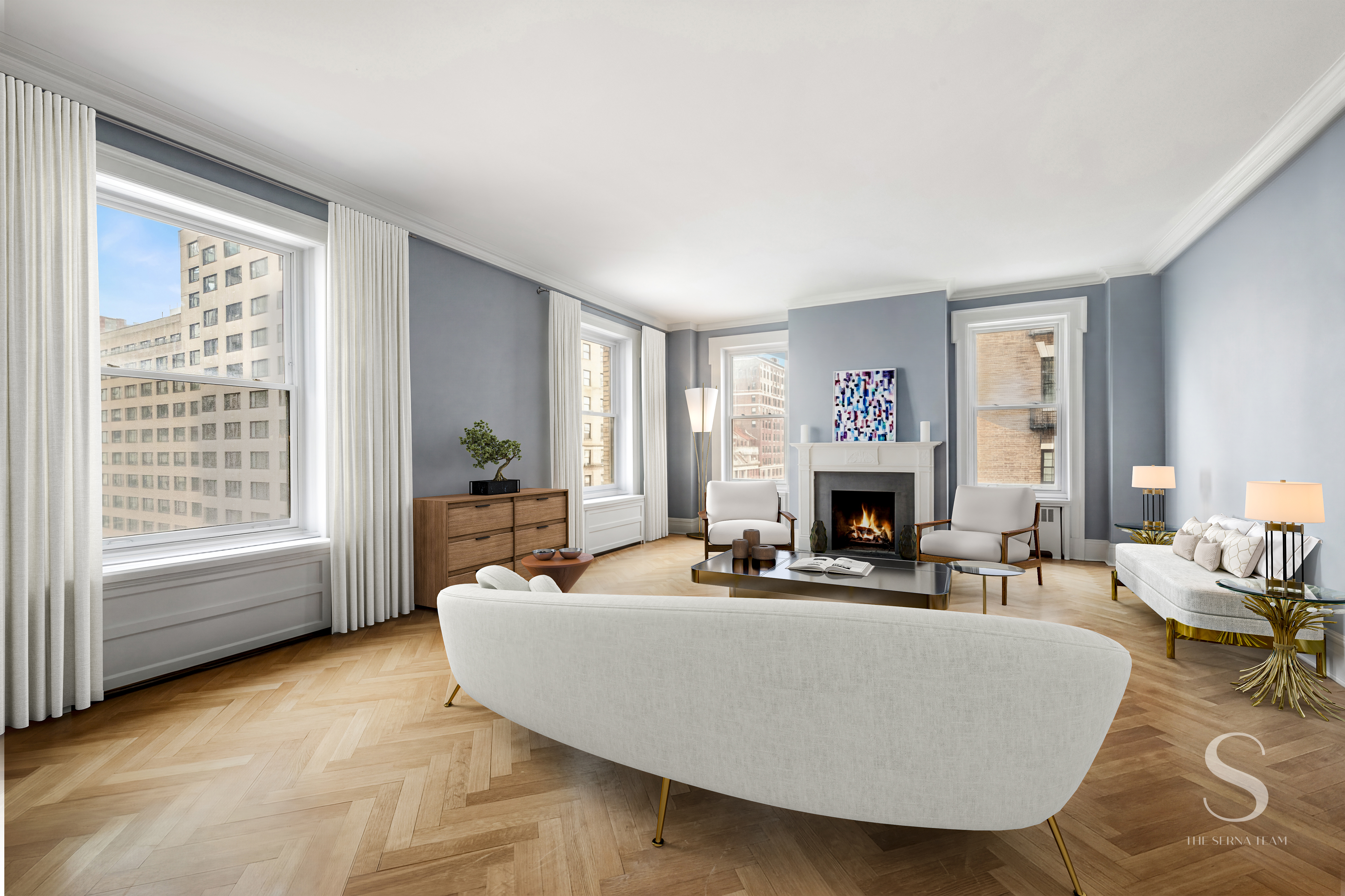 a living room with furniture a fireplace and a large window