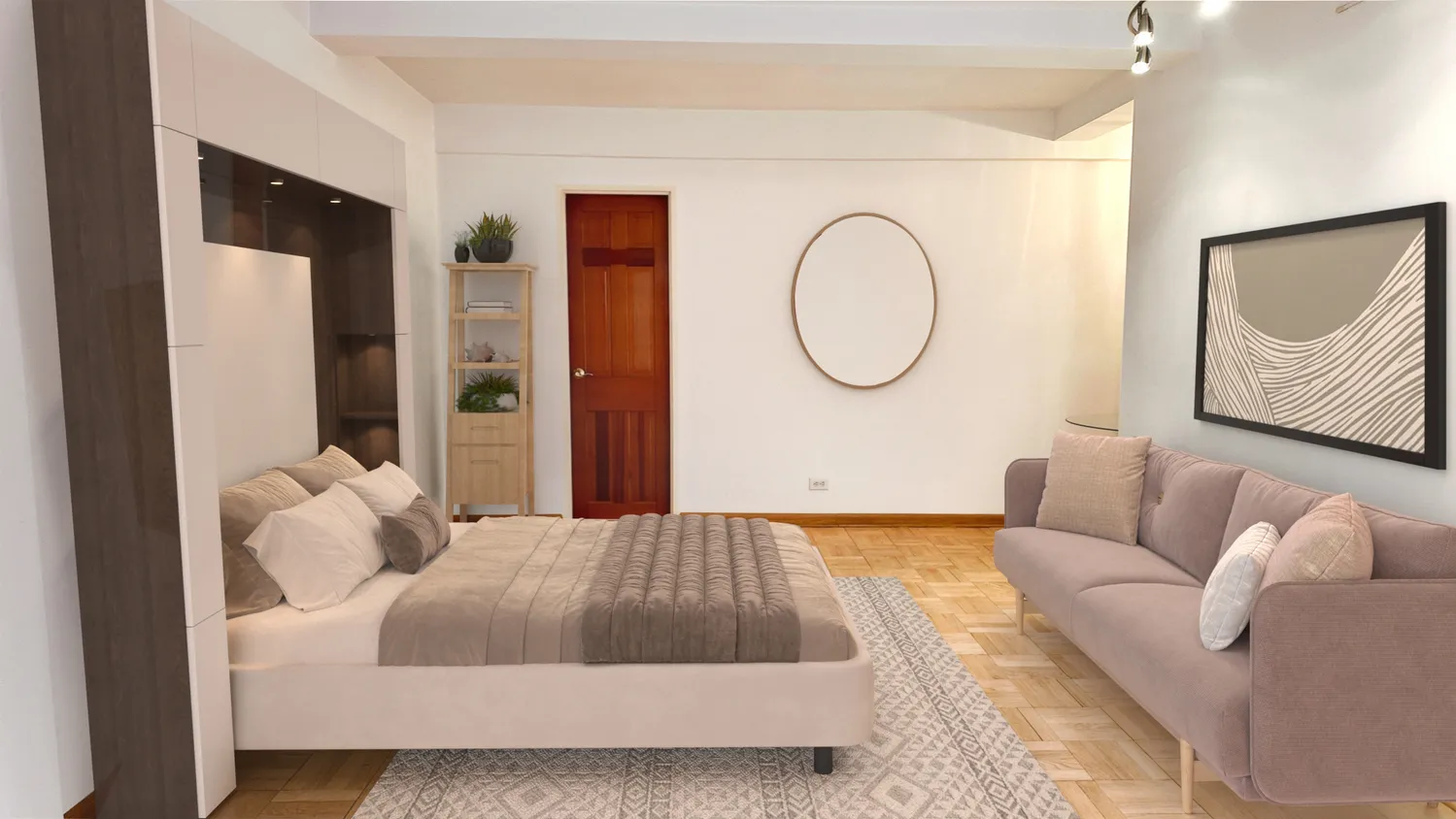 a bedroom with a bed a mirror and a window