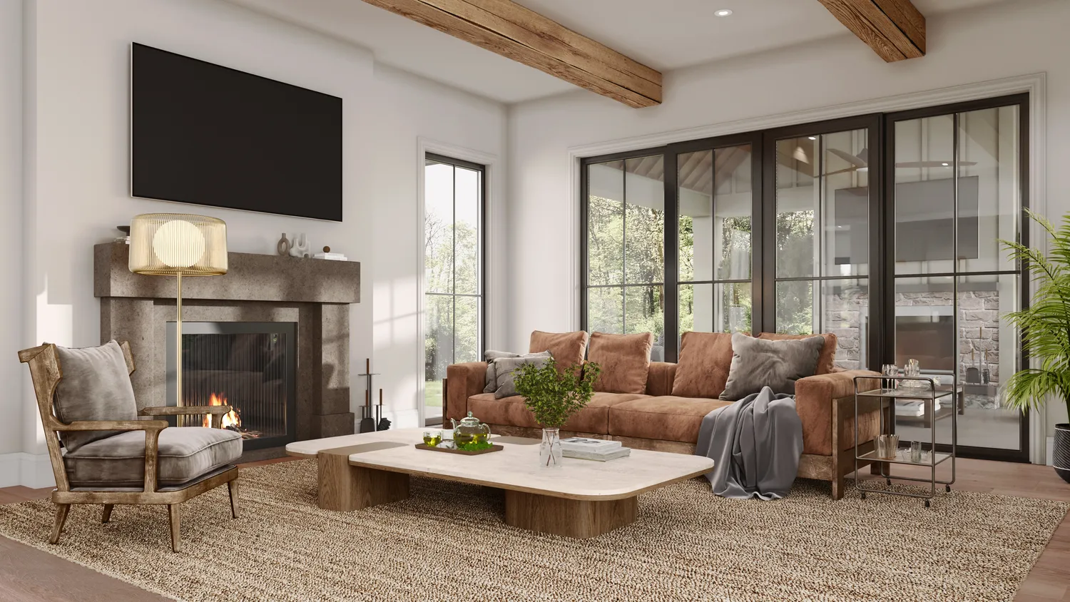 a living room with furniture fireplace and a flat screen tv