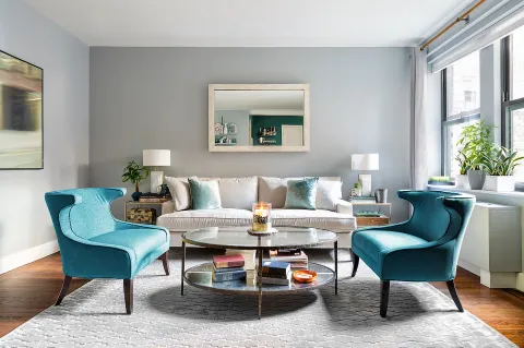 a living room with furniture and a potted plant
