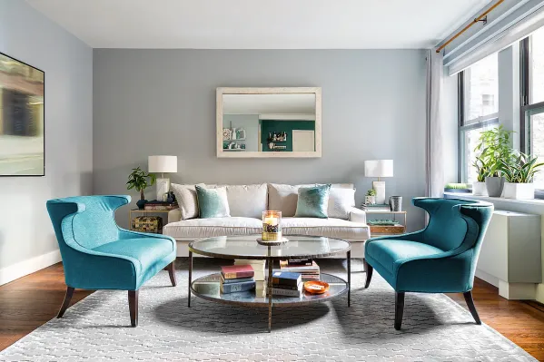 a living room with furniture and a potted plant