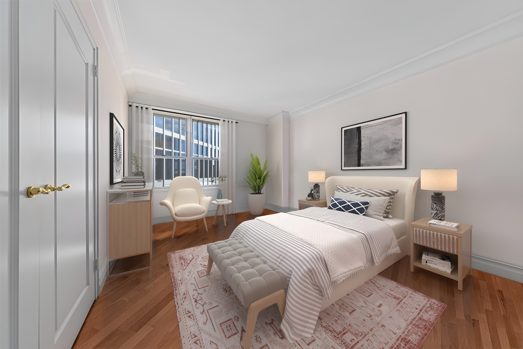 118 East 60th Street, Unit 33G Manhattan, NY 10022 - Photo 5 of 8 a bedroom with a bed and wooden floor