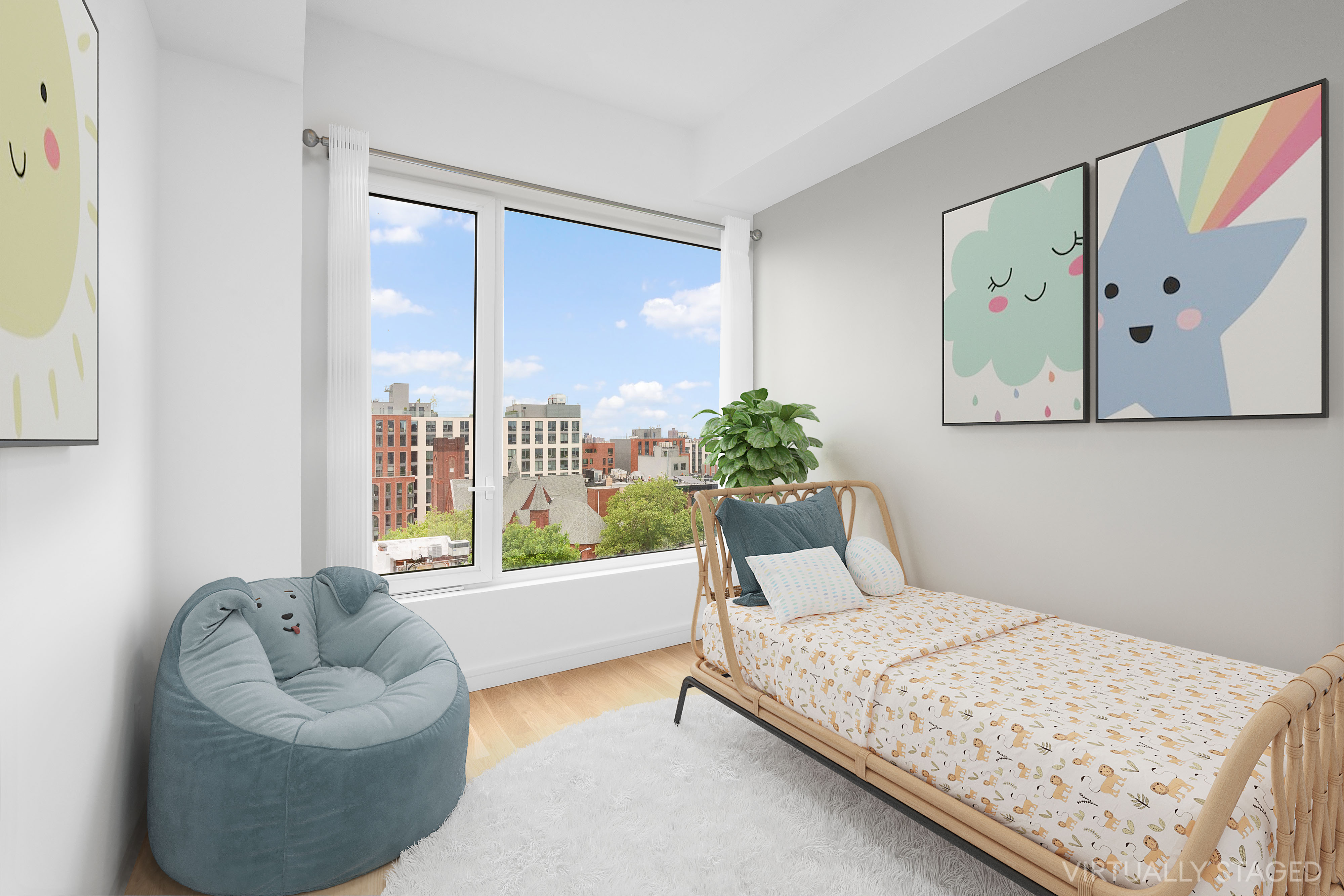 927 Atlantic Avenue, Unit 7A Brooklyn, NY 11238 - Photo 9 of 16 a bedroom with a large bed couch and a large window