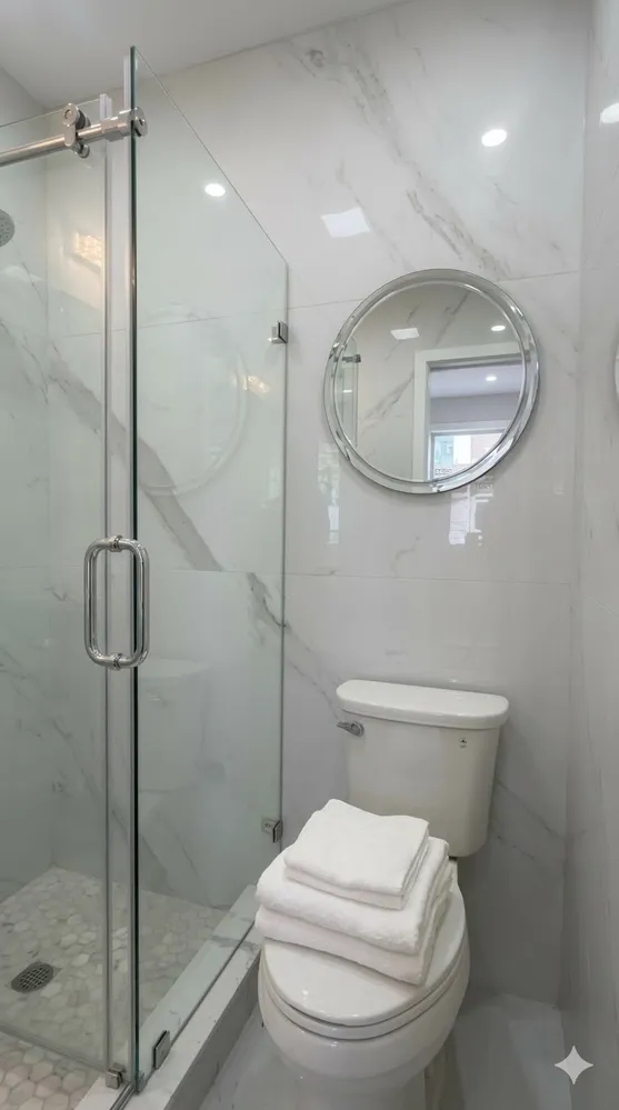 a bathroom with a toilet and a shower