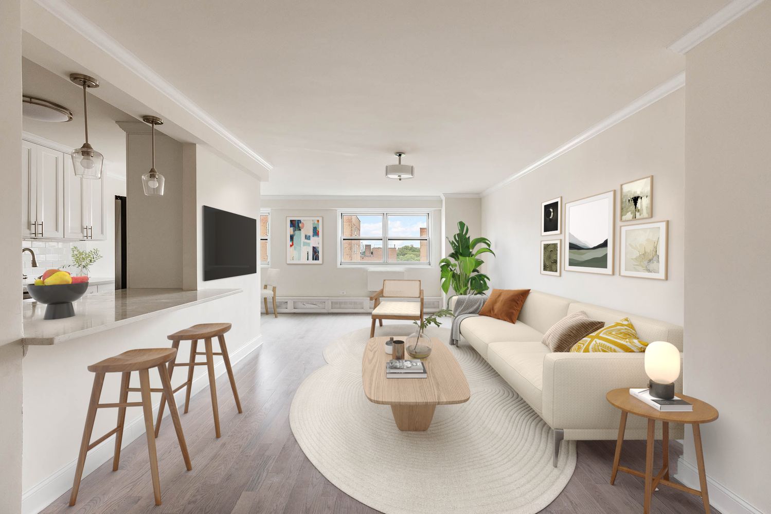 a living room with furniture and wooden floor